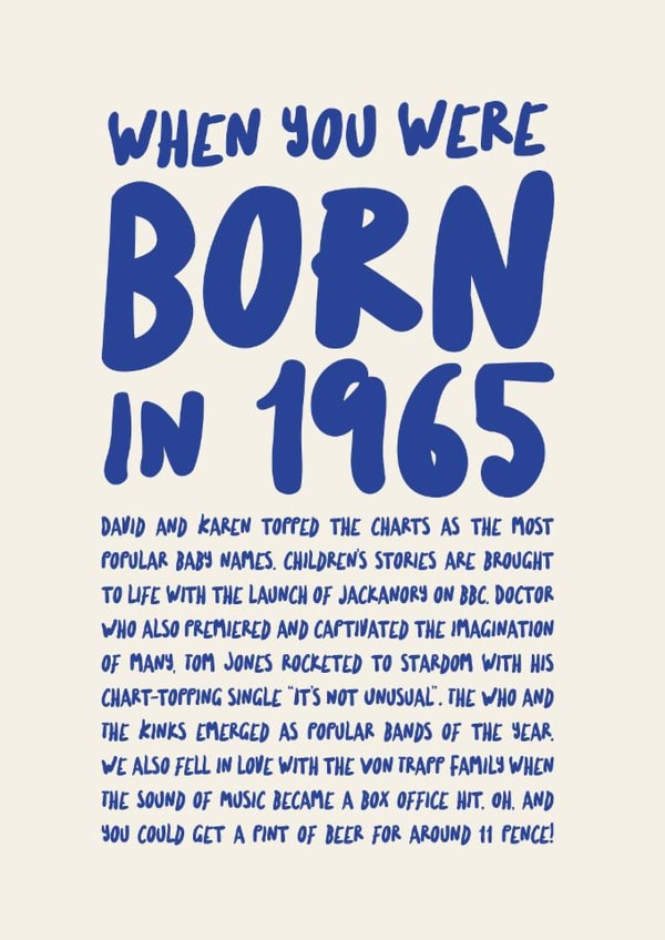 Classic Birthday Card - Born In 1965 - 60th created by Poppy Lane