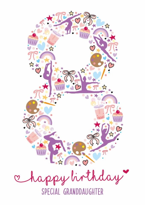 Cute 8th Birthday Card - For Granddaughter - Illustrations created by Rulu