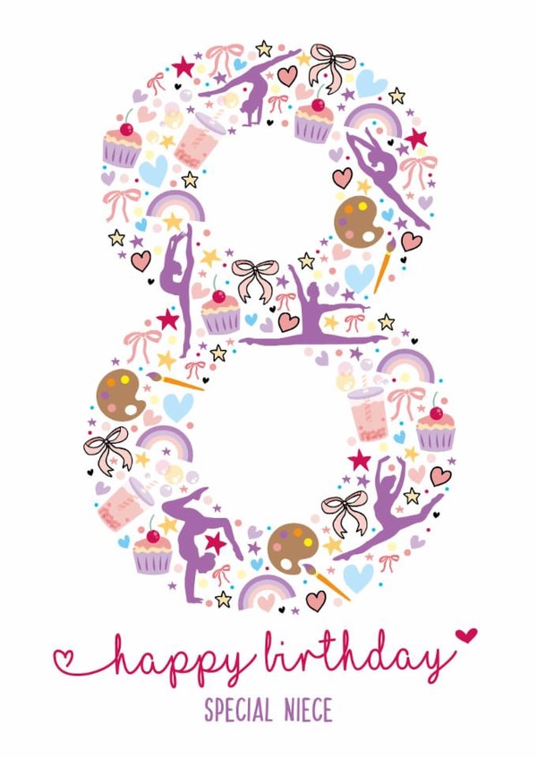 Cute 8th Birthday Card - For Niece - Illustrations created by Rulu