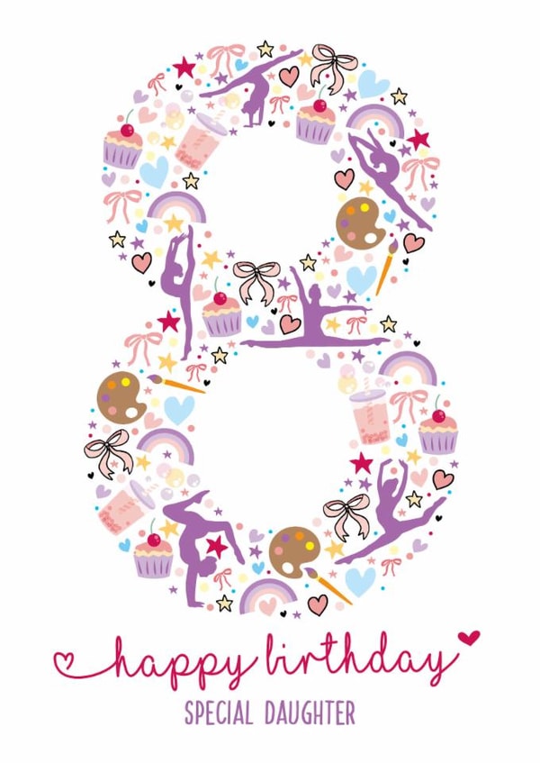 Cute 8th Birthday Card - For Daughter - Illustrations created by Rulu