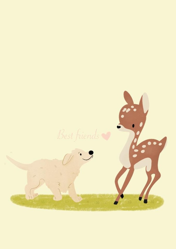 Cute Friendship Card - Deer and Dog Duo created by Raku doodle