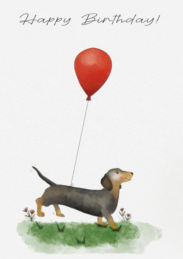Cute Dachshund sausage dog birthday card floating up on a balloon created by Mheath Art & Illustration