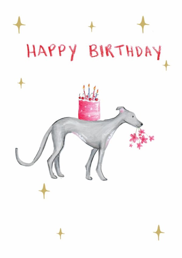 Cute Birthday Card - Greyhound - Flowers created by HCD Illustration