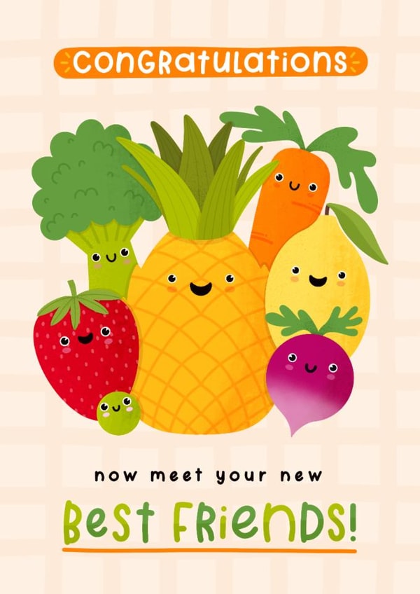 Cute New Baby Card - Dancing Fruit & Vegetables - Congratulations created by Joanne Hawker
