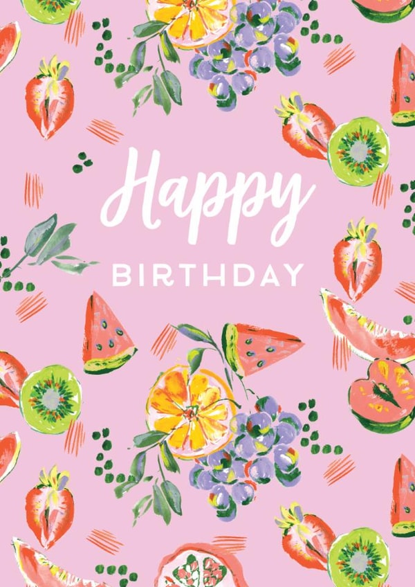Classic Birthday Card - For Her - Fun Fruit Pattern - Illustration created by Rebecca Prinn