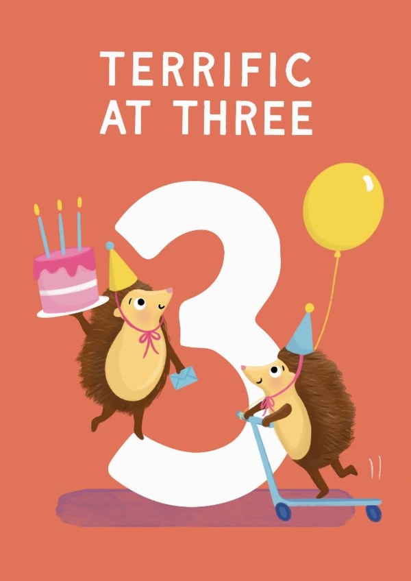 Cute 3rd Birthday Card - Terrific At Three - Hedgehogs created by Painted Parasol Studio