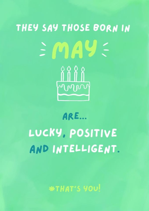 Fun Birthday Card - May Birthday - Cake created by Sian Moore Illustration