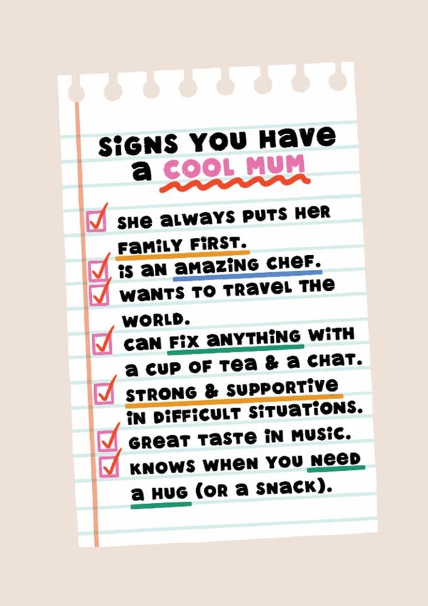 Heartfelt Mother's Day Card - Signs You Have A Cool Mum - Checklist created by Folio | Ian Owen