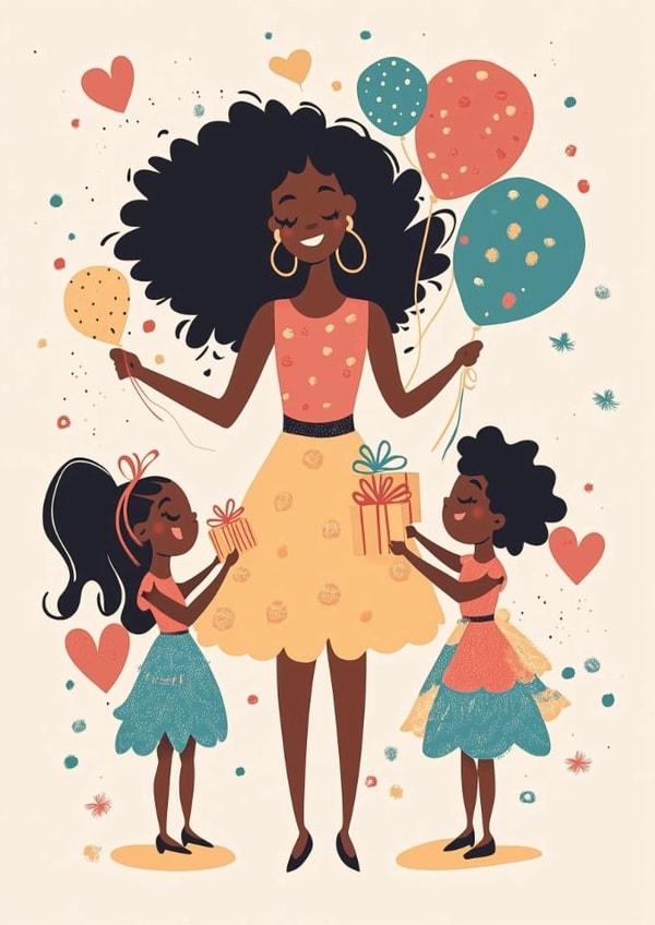 Cute Birthday Card - Black Woman Celebrating - Balloons created by Dorinda Martin