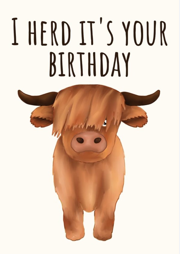 Cute Birthday Card - Highland Cow - Pun created by Peach and Mimi