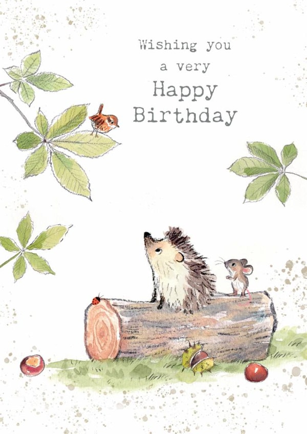 Cute Birthday Card - Hedgehog on log with Mouse created by Paper Shed Design