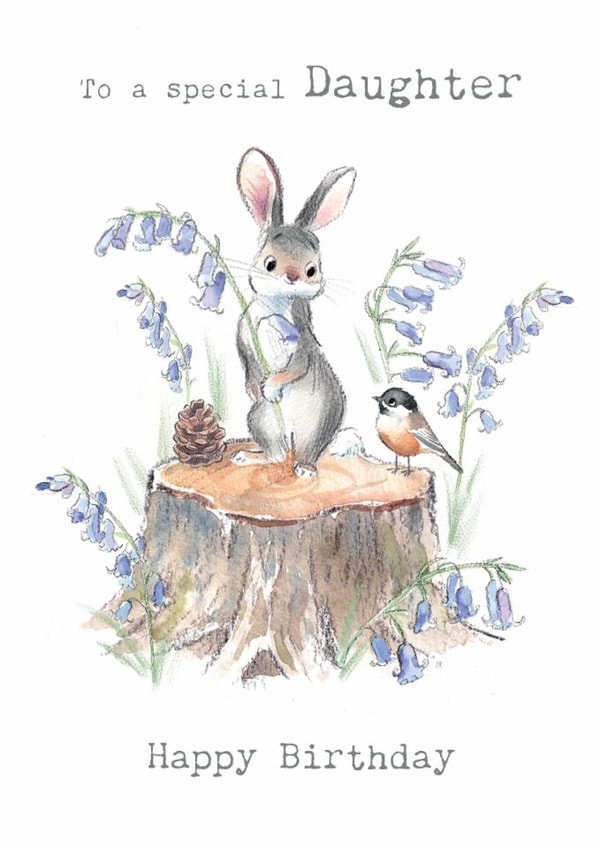 Cute Birthday Card - For Daughter - Rabbit on Tree Stump with Bluebells created by Paper Shed Design