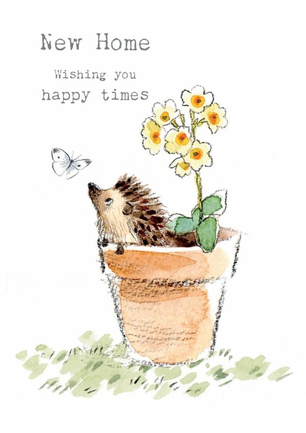 Cute New Home Card - Hedgehog in Primrose Pot Looking at White Butterfly created by Paper Shed Design
