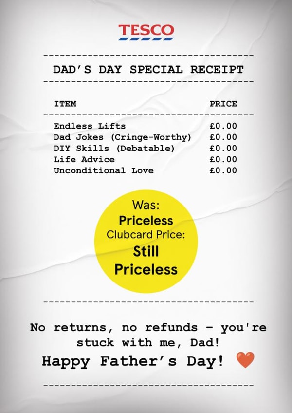 Funny Father's Day Card - Tesco Receipt Style - Clubcard Price Joke created by Heeby Jeeby's