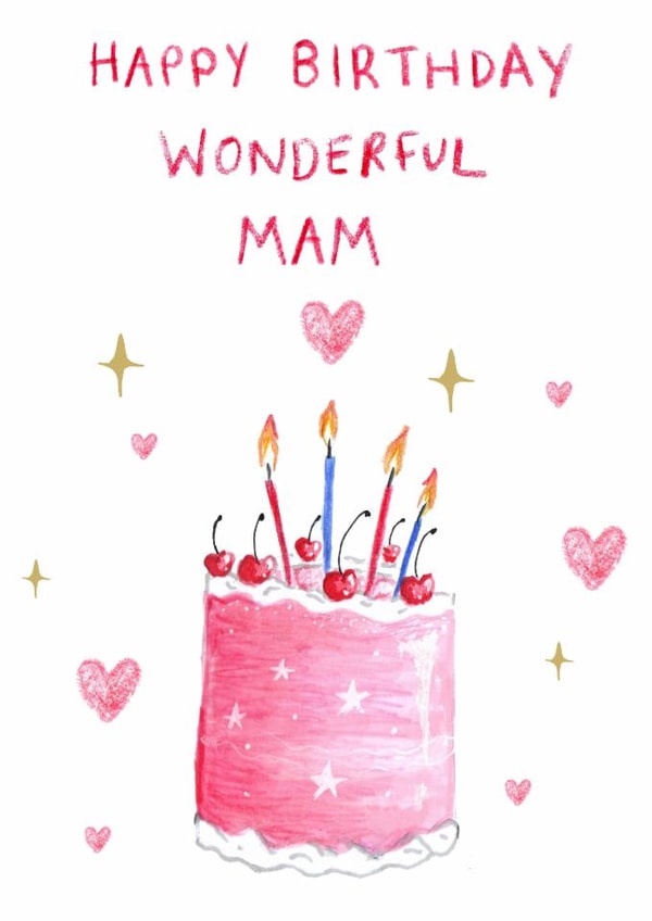 Pretty Birthday Card - Wonderful Mam - Cake created by HCD Illustration