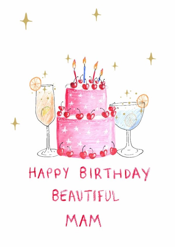 Pretty Birthday Card - For Mam - Cake And Cocktails created by HCD Illustration