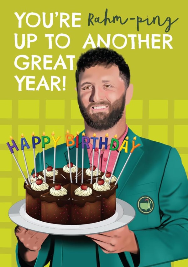 Golf Birthday Card - Jon Rahm - Masters Green Jacket created by AbiGoLucky