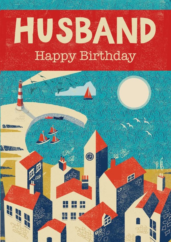 Classic Birthday Card - For Husband - Retro Beach Scene created by Rocket68