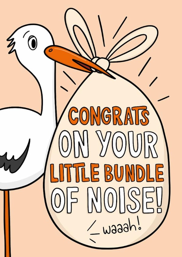 Funny New Baby Card - Stork - Bundle Of Noise created by TeePee Creations