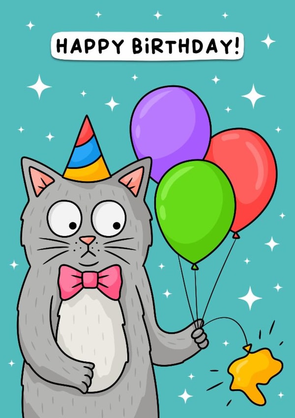 Funny Birthday Card - Cat - Popped Ballon created by Wafflemamaart