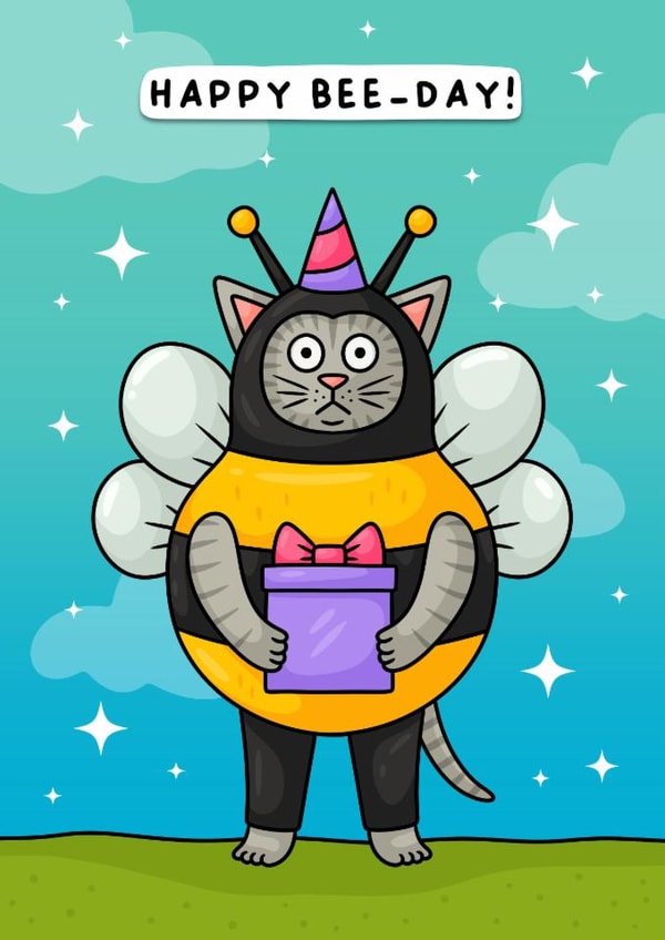 Cute Birthday Card - Cat Dressed As A Bee created by Wafflemamaart