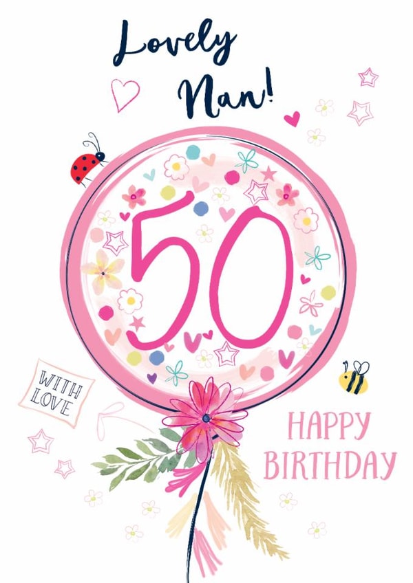 Pretty 50th Birthday balloon Card - for Nan - Classic - Floral created by Katie Phythian Design
