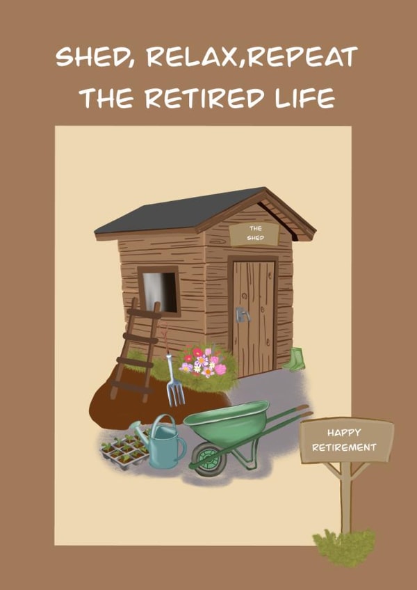 Gardening shed retirement card created by Sarah Barker Illustrations