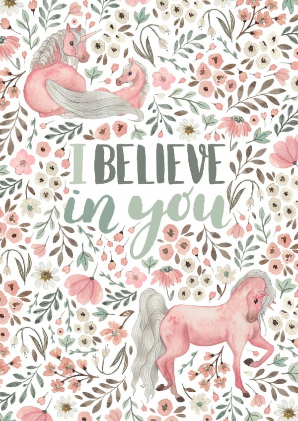 Pink unicorn I believe in you card created by Elena O'Neill