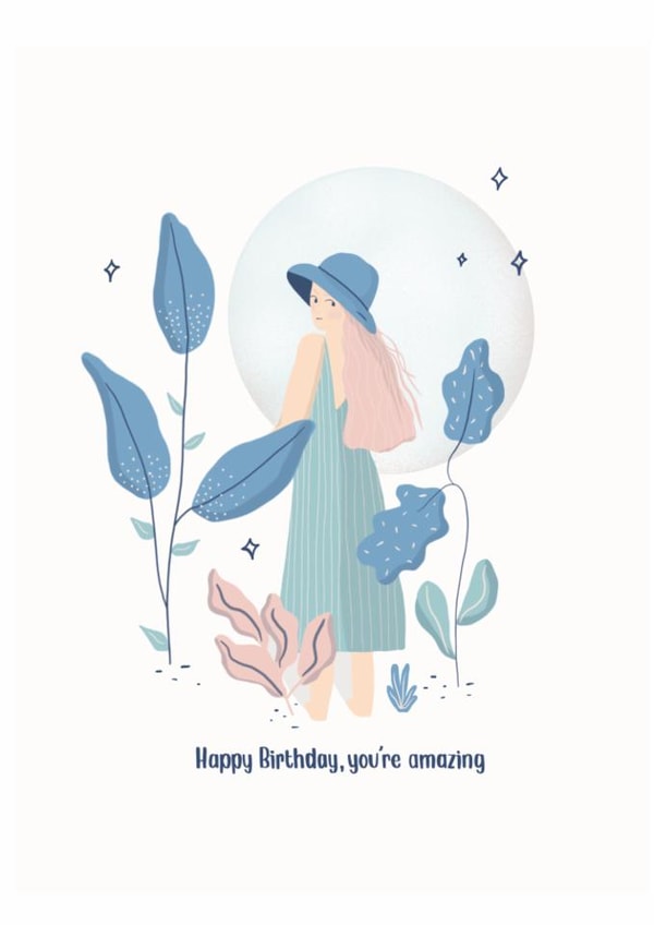 Happy Birthday, you’re amazing card for friend - cute nature girl with flowers created by Donna Moran Designs