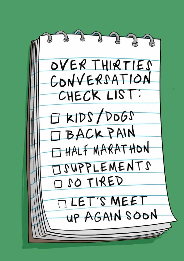 Funny Birthday Card - Over Thirties - Conversation Check List created by Running with Scissors