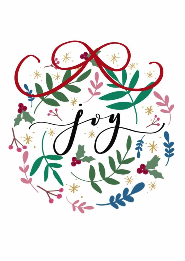 Christmas Card - Joy Brush Lettering - Hand-Drawn Bauble & Foliage Design created by Creative Feel Designs