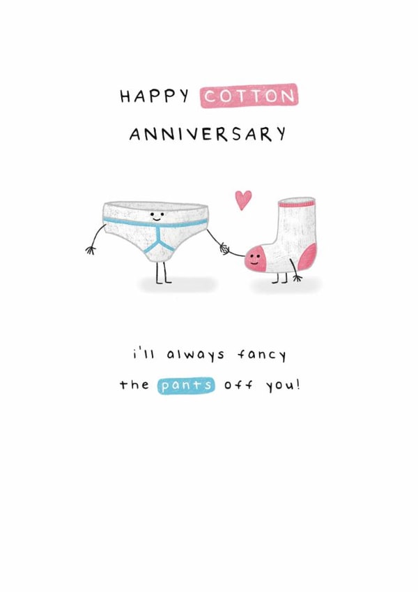 Cute 2nd Anniversary Card - Cotton - Fancy Pants (Blue Y-fronts & Pink Sock) created by Larry the Match