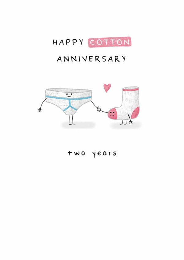 Cute 2nd Anniversary Card - Cotton - Two Years (Blue Y-fronts & Pink Sock) created by Larry the Match