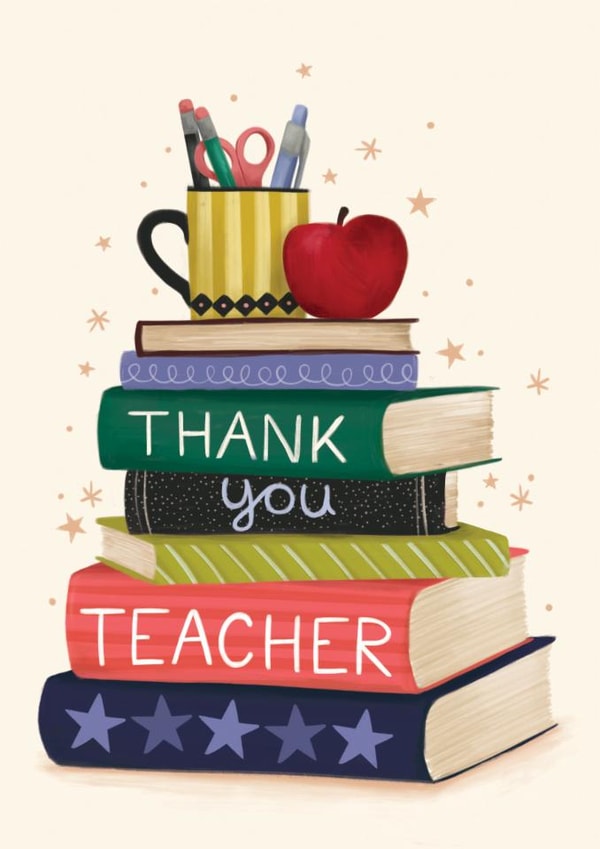 Pretty Thank You Card - For Teacher - Book Stack created by Debbie Daley Illustrations