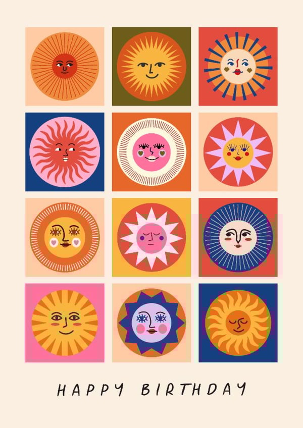 Arty Birthday Card - Sunshine - Faces created by Sad Girl Illustration