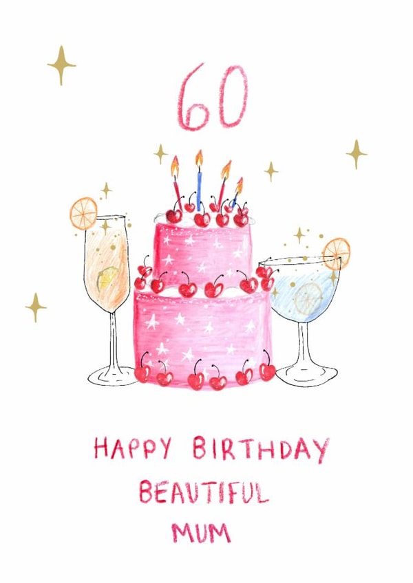 Classic Birthday Card - 60th - For Mum - Cake And Cocktails created by HCD Illustration