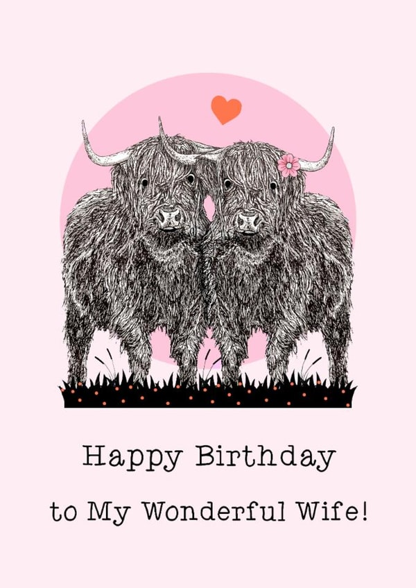 Cute Birthday Card - For Wife - Highland Cows created by Beth Higgins Art