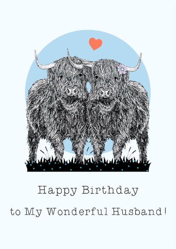 Cute Birthday Card - For Husband - Highland Cows created by Beth Higgins Art