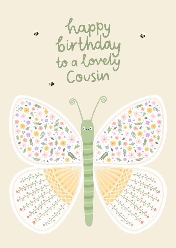 Cute Birthday Card - For Cousin - Floral Butterfly created by Fliss Muir