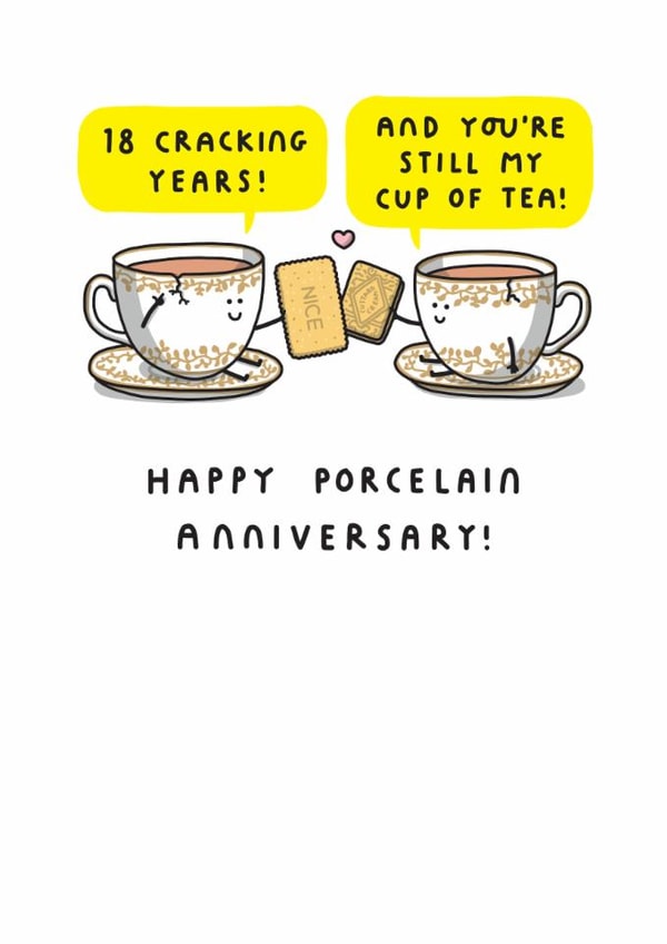 Cute 18th Anniversary Card - Porcelain Anniversary - Cup Of Tea created by mungo and shoddy