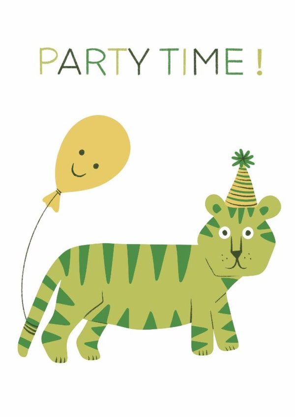 Funny Cute Green Tiger Birthday Card for Friend “Party Time!” with Balloon & Hat created by @SarahPriceDesigns
