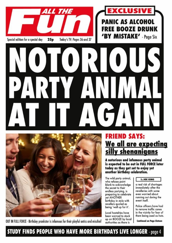 Funny Birthday Card - Newspaper - Notorious Party Animal created by Kyleigh Orlebar