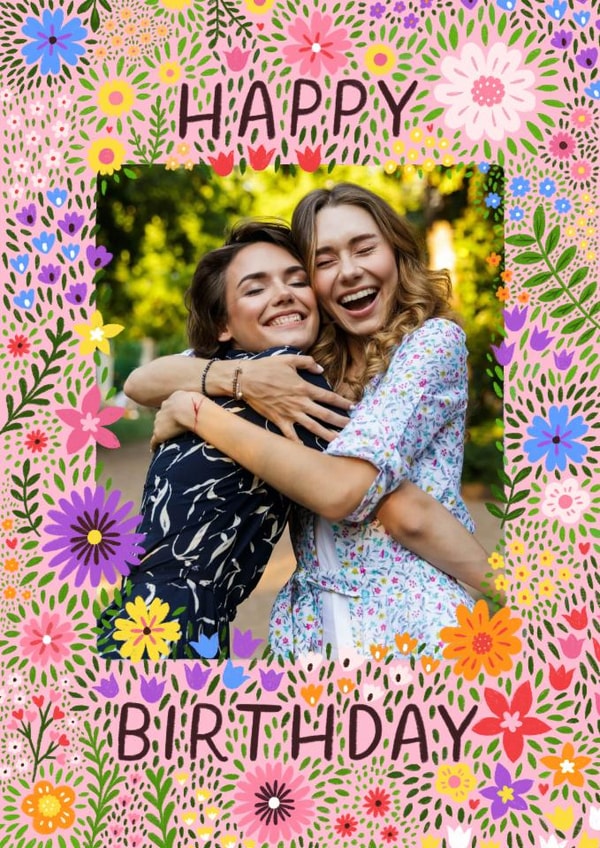 Pretty Birthday Card - Pink Floral Frame | thortful