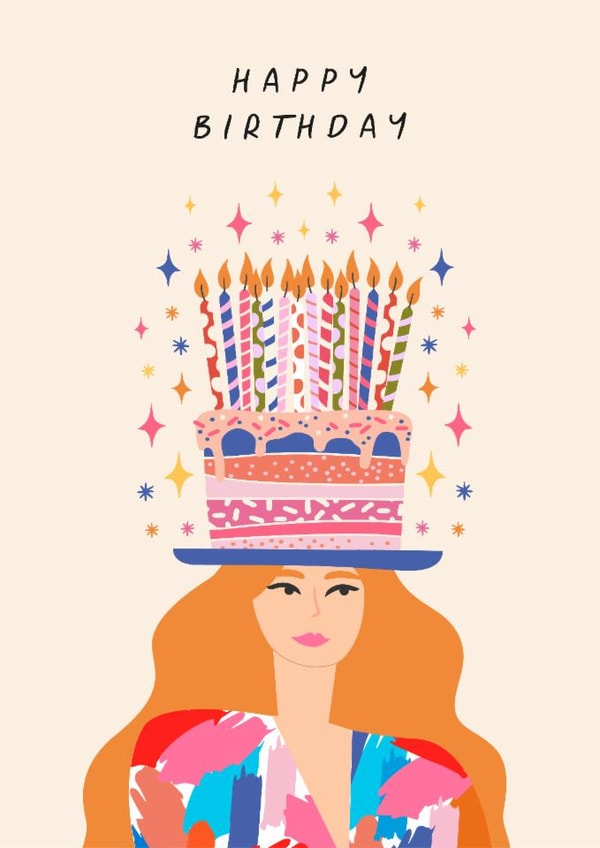 Arty Birthday Card - For Her - Cake Hat & Candles created by Sad Girl Illustration