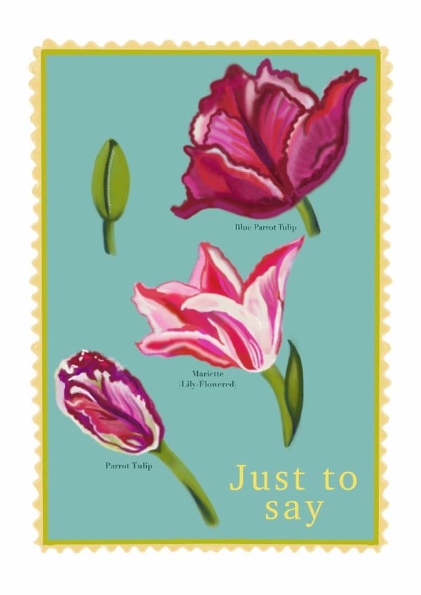 Just to say - botanical illustration, pretty notecard with bold colours. created by Eve