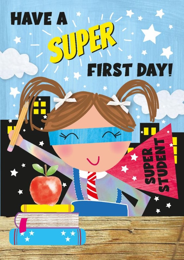 Cute God Luck Card - First Day Of School - Superhero created by Alexia Mickleburgh