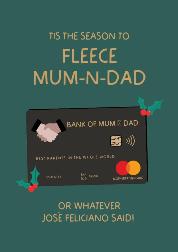 Funny Christmas Card - Credit Card - Fleece Mum And Dad created by Puns and Needles