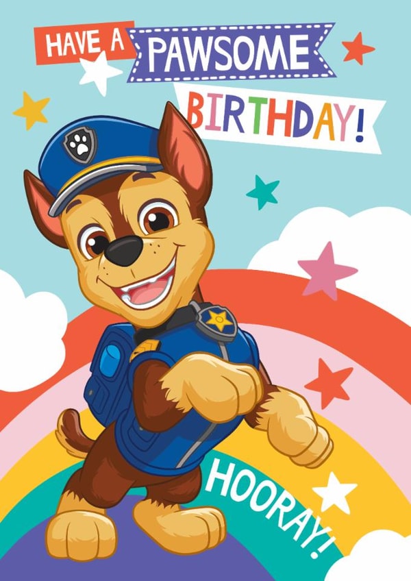 Cute Kids Birthday Card – Paw Patrol - Chase with Rainbow and Stars created by Danilo