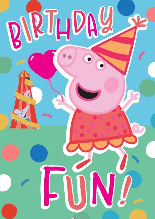 Cute Kids Birthday Card – Peppa Pig with Balloon and Helter Skelter created by Danilo