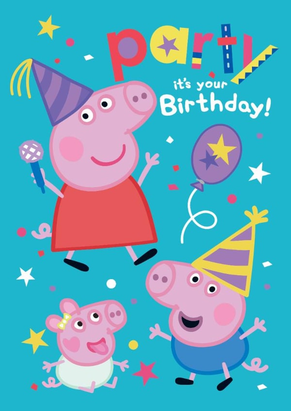Cute Kids Birthday Card – Peppa, George & Evie Partying with Balloons created by Danilo